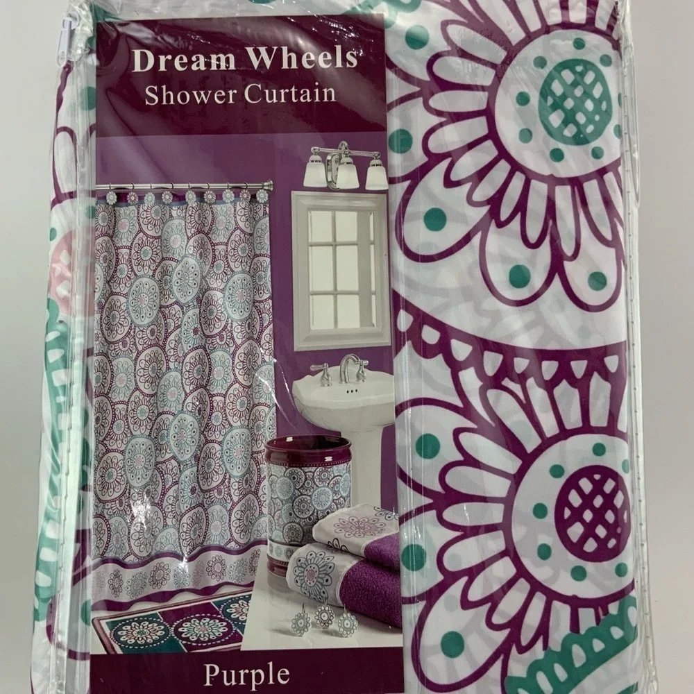 Dream Wheels Fabric Material Shower Curtain 70in X 72 in Purple Teal White
